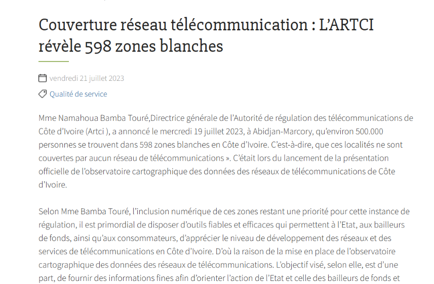 L’ARTCI révèle 598 zones blanches