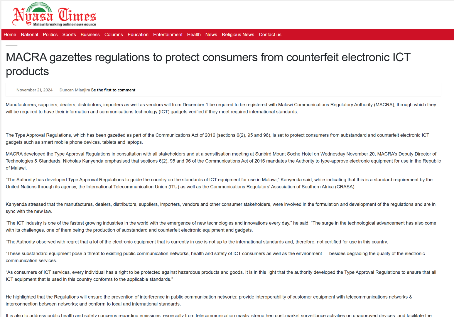 MACRA publie des réglementations pour protéger les consommateurs contre les équipements ICT contrefaits